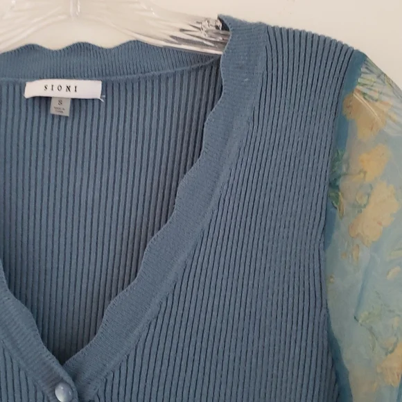 SIONI blu knit with Sheer floral Long Sleeves Sweater Top Cornflower blue Size S - Picture 11 of 16